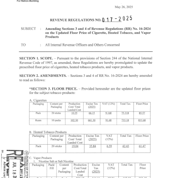BIR sets higher base prices for cigarettes, vaping products
